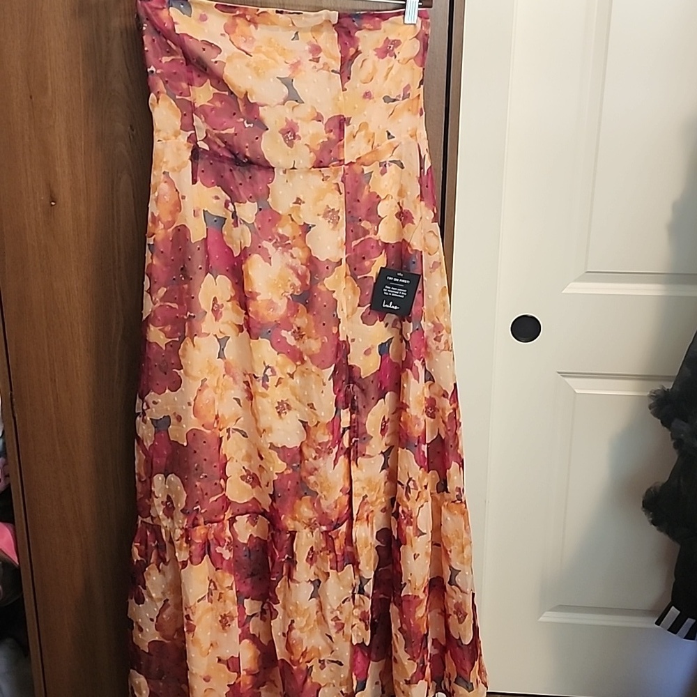 Lulu's Strapless Floral Maxi Dress in Marigold and Burgundy